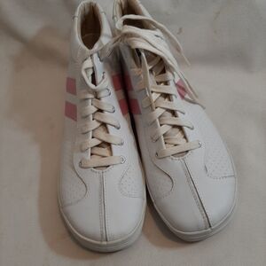Pro Ked White W Pink Stripes Soft Leather High Top Sneakers